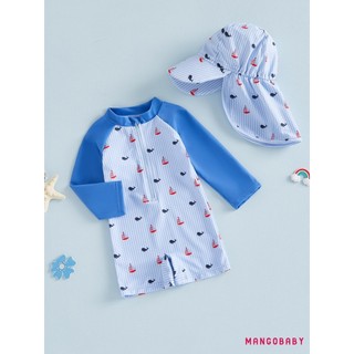 MG-Baby Rash Guard Đồ bơi có mũ 2 chiếc Bộ ong / Dưa hấu / Thuyền buồm In sọc Zip Up Đồ bơi dài tay