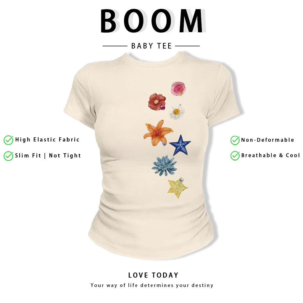 BOOM Áo Baby Tee Nữ Cotton Ôm Body-Áo Thun Ngắn Tay Y2K In Hình PhongCách Mùa Hè, Cổ Tròn Hàng Đầucách hàn quốc phongG36