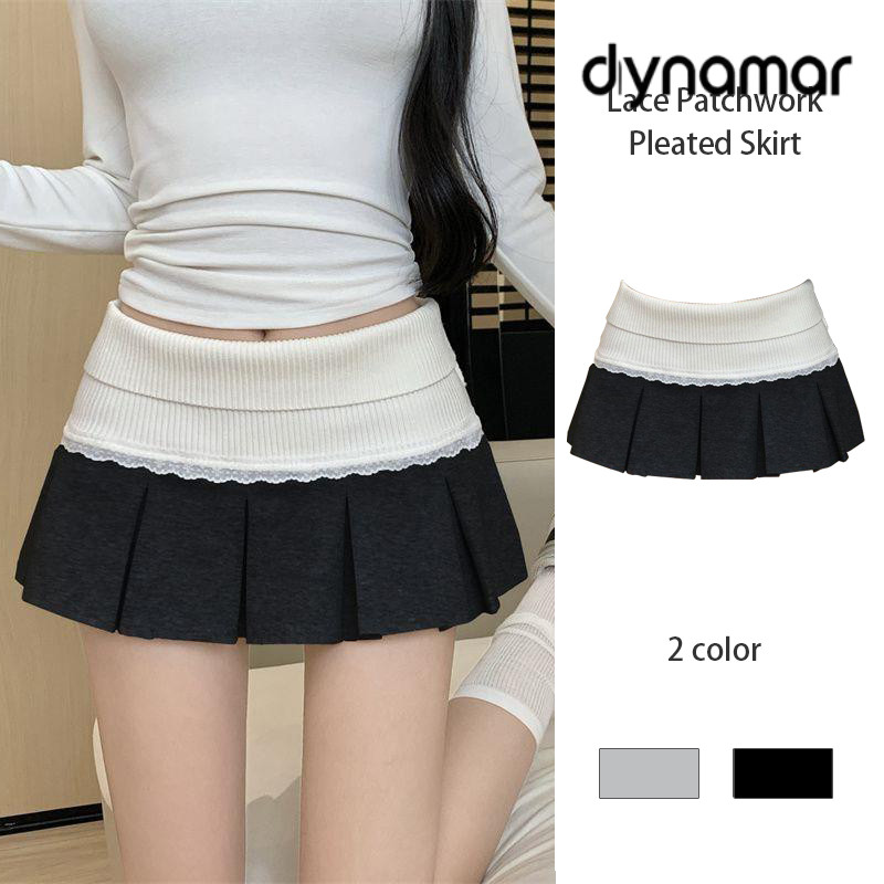 【dynamar】Chân váy xếp ly phối ren ôm sát, kiểu dáng gợi cảm, váy ngắn cạp cao dáng chữ A dành cho nữ.