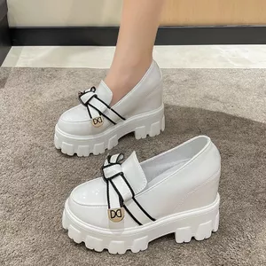 Phong Cách Anh Quốc Giày Da Nhỏ Nữ Thu Đông Phong Cách Mới Nơ Giày Thường 10cm Đế Dày Bên Trong Tăng Chiều Cao Bàn Đạp Lok Fu
