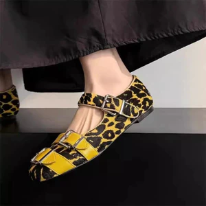 Thời Trang Bán Chạy Da Báo In Giày Nữ Phong Cách Mới Bơm Phẳng Đen Mary Jane Giày Punk Phong Cách Nữ
