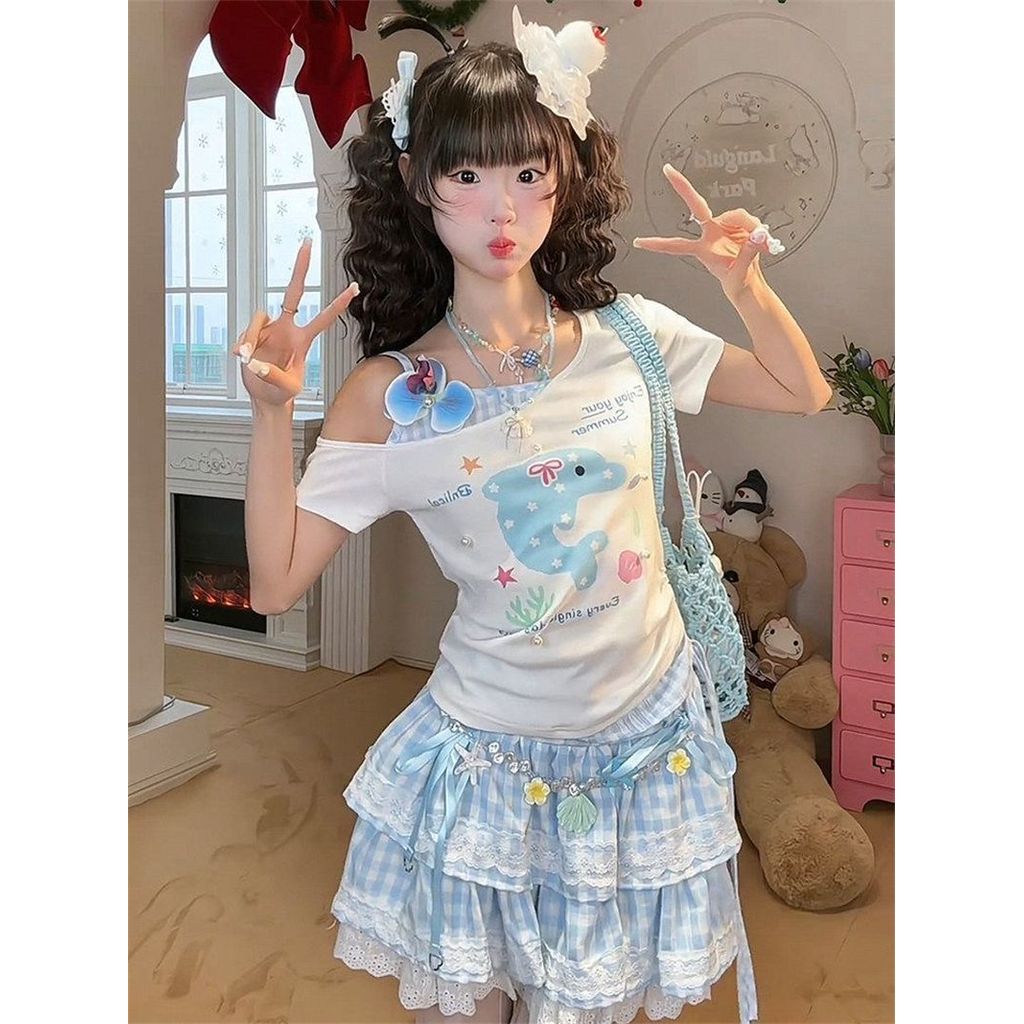 Áo Thun babytee Bướm lệch vai giả hai mảnh mùa hè in hình dễ thương