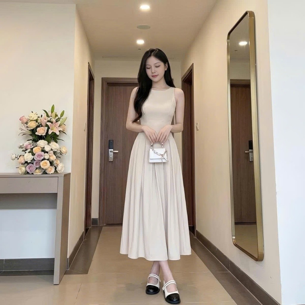 Váy Cổ Yếm Dáng Dài Xòe Chất Chéo Tiểu Thư Hàn Quốc Thanh Lịch Nữ Tính Linh Tây.Clothing V003
