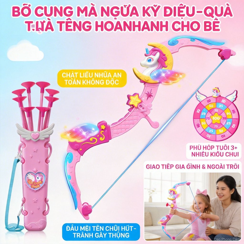 Bộ cung tên kỳ lân an toàn, chơi trong nhà và ngoài trời, cho bé gái khám phá, có đích bắn kèm theo