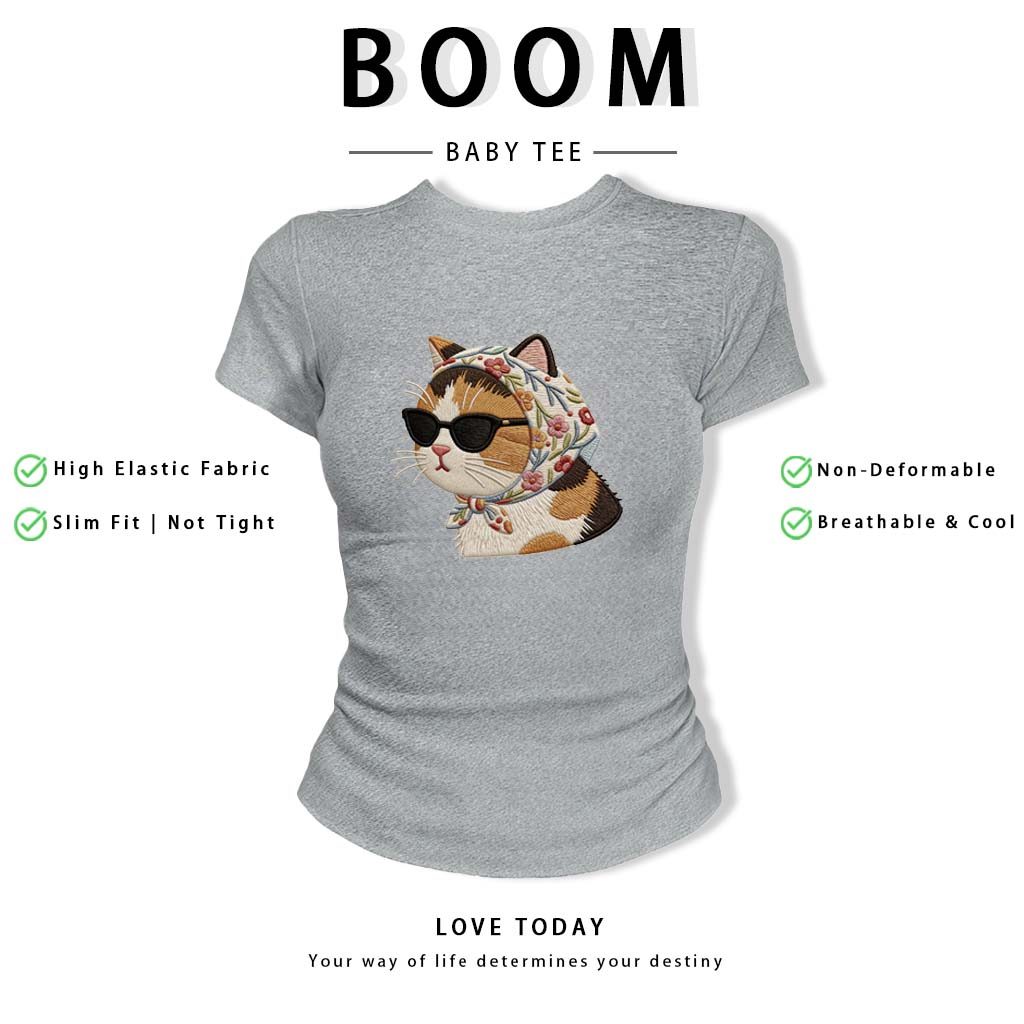 BOOM Áo thêu Baby Tee Nữ Cotton Ôm Body-Áo Thun Ngắn Tay Y2K In Hình PhongCách Mùa Hè, Cổ Tròn Hàng Đầucách hàn phong 33