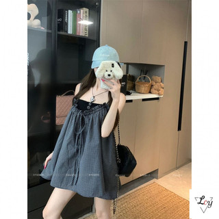 Đầm hoa dáng chữ A phong cách retro Pháp dành cho nữ ngoại cỡ, có dây buộc eo thanh lịch, đầm yếm dáng lửng phong cách Hàn Quốc mùa hè, tôn dáng, dây mảnh và họa tiết kẻ caro.