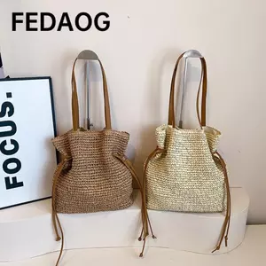 Túi móc FEDAOG, Túi Tote dây rút dung tích lớn, Túi đeo vai dệt ống hút vuông mùa hè