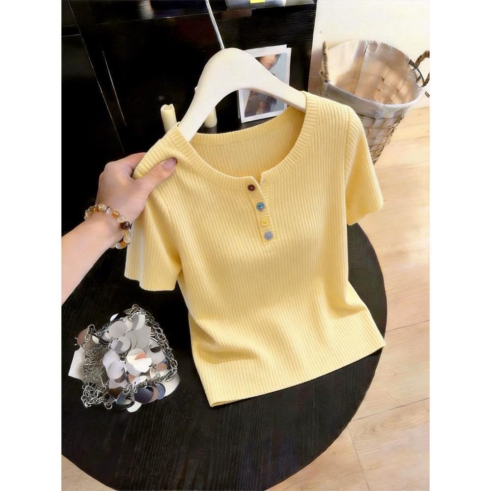 Áo Len Ngắn Tay Có Nút Màu Sắc Đa Dạng, Thiết Kế Slim-Fit, Phong Cách Thanh Lịch Cho Nữ