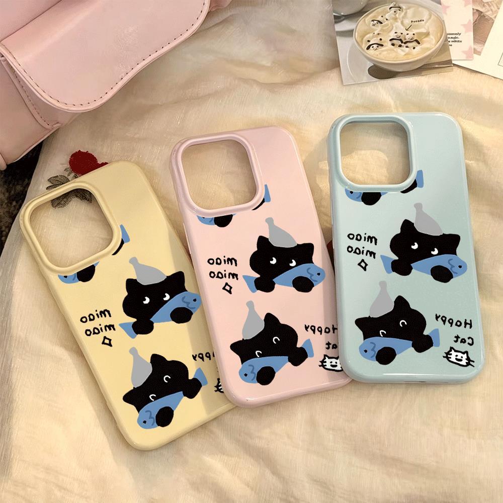 Mèo đen ăn cá cho trường hợp iPhone 17pro iPhone 16/15/14/13 kết cấu giả da
