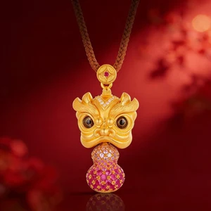 Vàng Thật Mạ Điện Mới Trung Quốc Ruby Sư Tử Đánh Thức Bầu Mặt Dây Chuyền Dây Bện Vòng Cổ Nữ Cát Dài Vàng Phụ Kiện