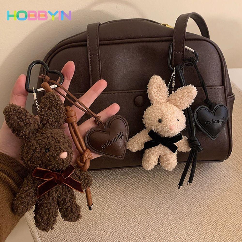 Móc khóa thỏ HOBBYIN, Mặt dây chuyền trái tim bằng da sang trọng Kawaii, Cặp đôi móc khóa xe búp bê hoạt hình