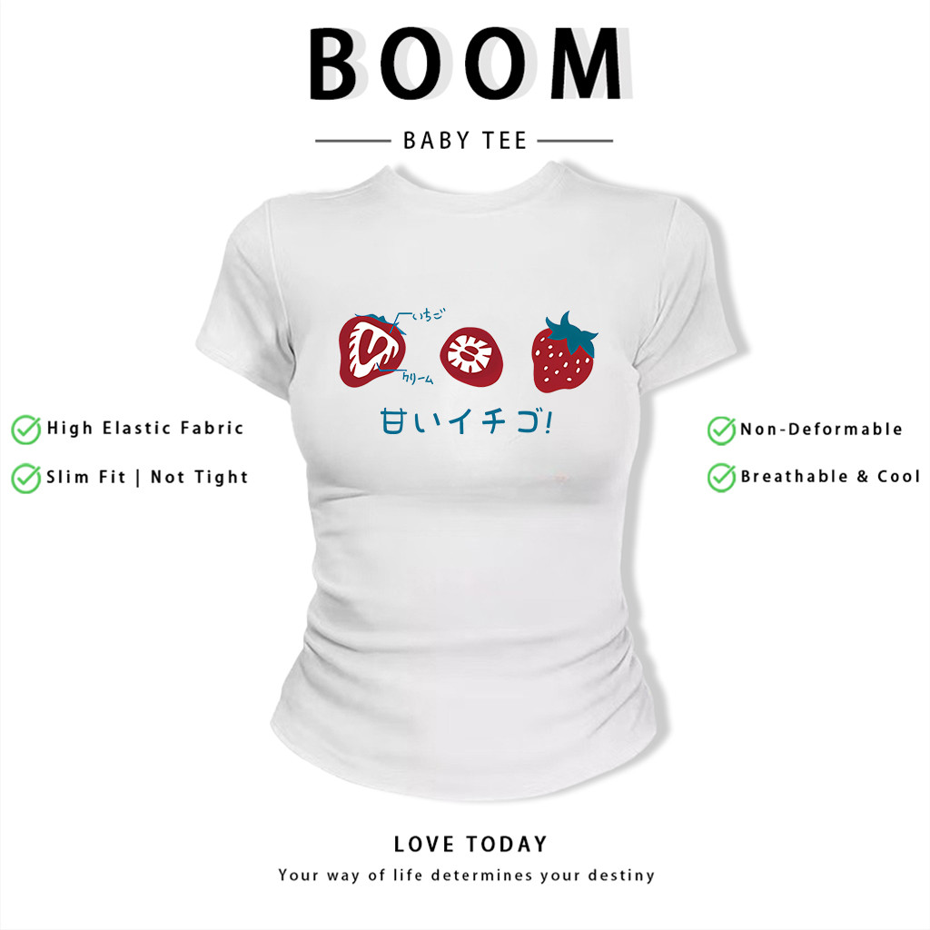 BOOM Áo Baby Tee Nữ Cotton Ôm Body-Áo Thun Ngắn Tay Y2K In Hình PhongCách Mùa Hè, Cổ Tròn Hàng Đầucách hàn quốc phongV02