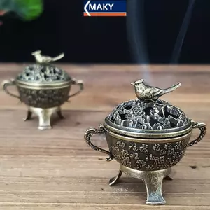 MAKY Magpie Luy Hương Đốt Kim Loại Sen Lư Hương Bát Đựng Hương Có Tay Cầm Thiền Yoga Trang Trí Nhà Phong Cách Cổ VN