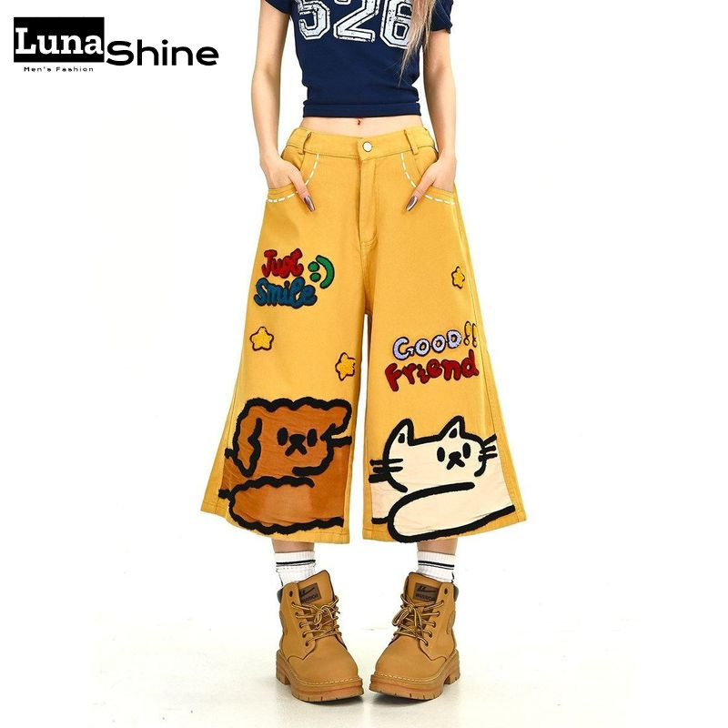 LS Nam Nữ Đường Phố Cao Cấp Hoạt Hình Mèo Và Chó In Chân Thẳng Quần Crop denim