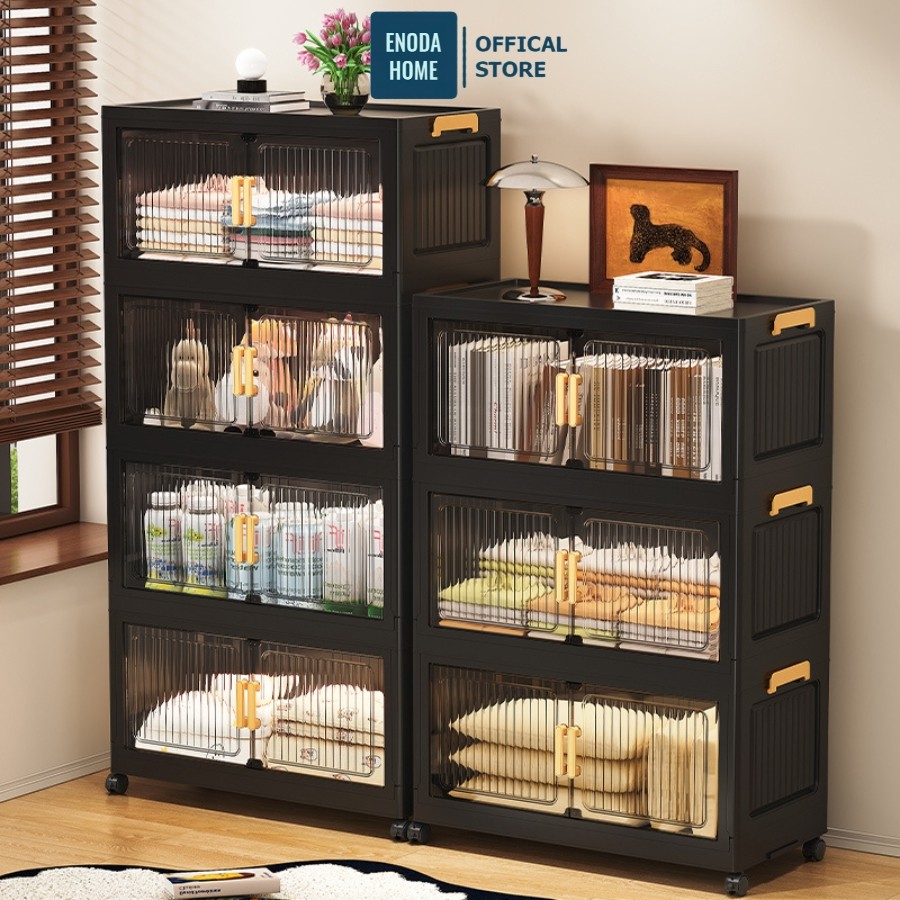 Tủ Nhựa Gấp Gọn ENODA HOME, Tủ Đựng Đồ Đa Năng Màu Trong Đen Hiện Đại Có Bánh Xe Tiện Lợi TUN051