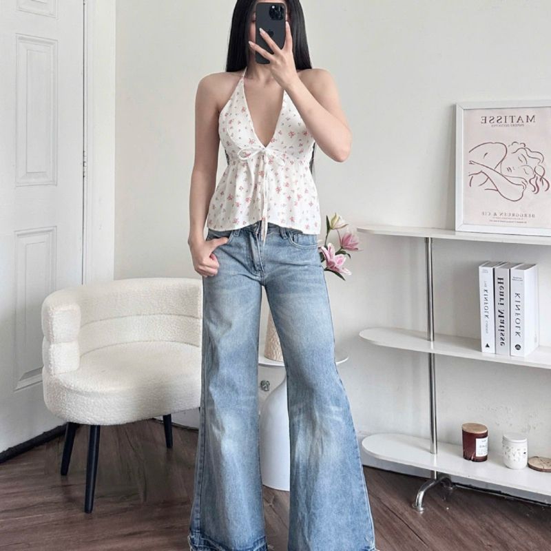 Áo Yếm Nữ Hở Lưng Hoa Nhí Cột Dây Sẵn Đệm Mút Chất Linen - SamHi Closet