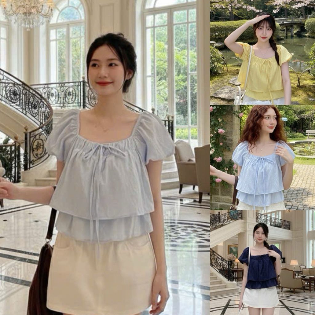 Áo babydoll dáng nữ tay phồng bí bèo hai lớp vổ v sang trọng BD63 - SamHi Closet