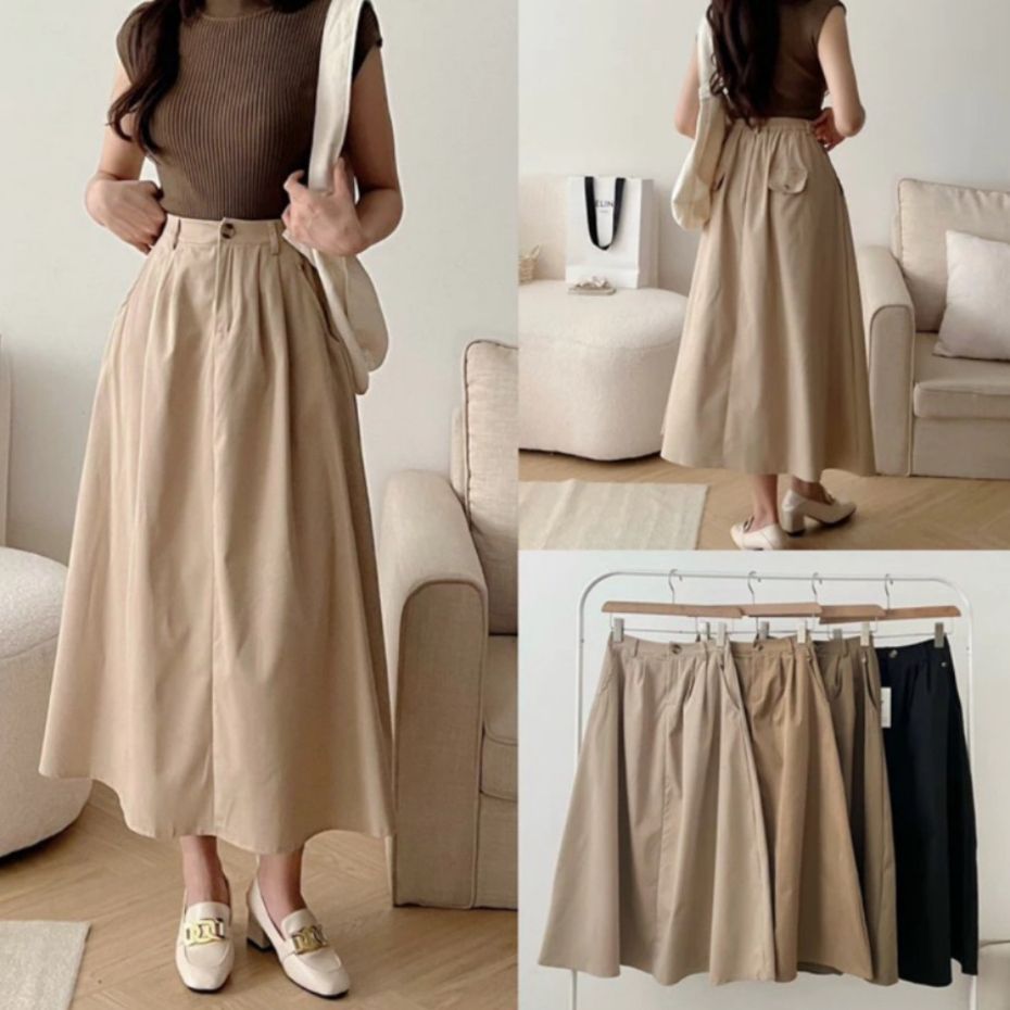 Chân Váy Xếp Ly Có BigSize Dáng Dài Lưng Thun Vải KaKi Thô Đứng Phom Mã CV0878 - SamHi Closet