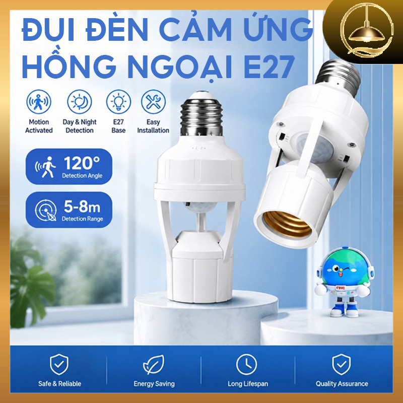 Đui Đèn Cảm Ứng Hồng Ngoại E27,Lắp Vào Là Chạy,Tiết Kiệm Điện Đến 80%,Phù Hợp Hành Lang,Cầu Thang,Phòng Tắm