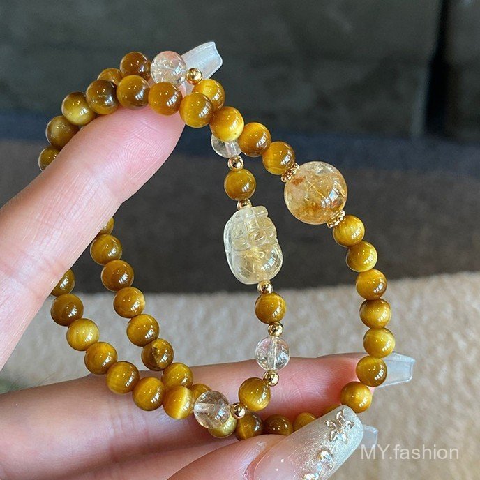 Vòng tay Citrine nhân tạo vòng tròn đôi, Pixiu Lucky Fortune Transfer Giả Golden Tiger Eye Vòng tay hình tròn đôi, Thiết kế thích hợp Cảm giác cao cấp