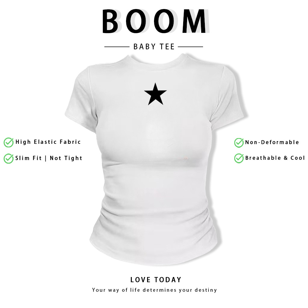 BOOM Áo Baby Tee Nữ Cotton Ôm Body-Áo Thun Ngắn Tay Y2K In Hình PhongCách Mùa Hè, Cổ Tròn Hàng Đầucách hàn quốc phongF89