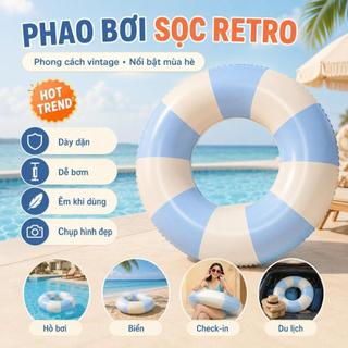 Phao Bơi Biển Tròn Vintage Sọc Xanh Kem, Phao Bơi Cứu Hộ Float Bơi Check-in Hồ Bơi Biển Hè COD