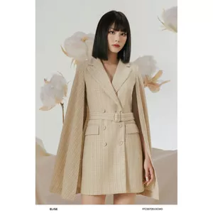 Áo khoác cape tweed kẻ be đai eo thiết kế Elise FF2307091OCWOBE