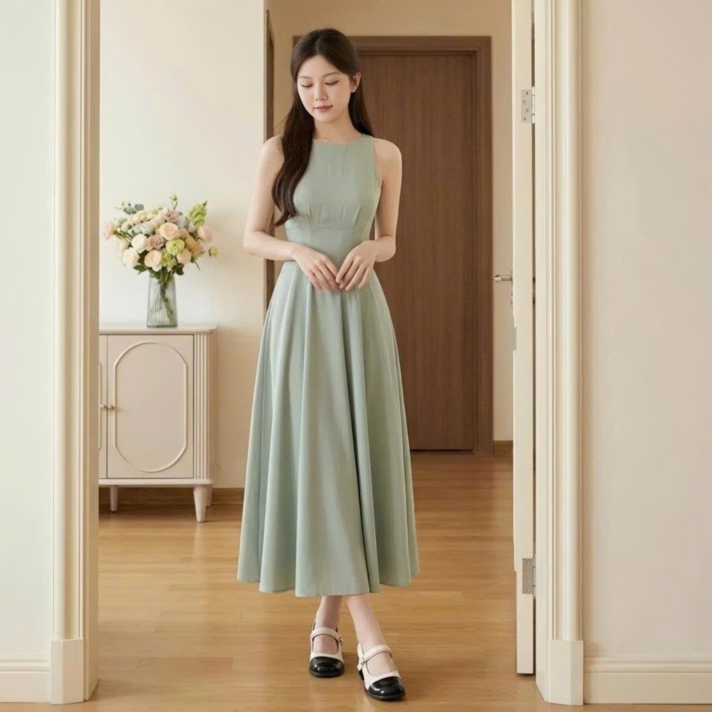 Váy Cổ Yếm Dáng Dài Xòe Chất Chéo Tiểu Thư Hàn Quốc Thanh Lịch Nữ Tính Linh Tây.Clothing V003