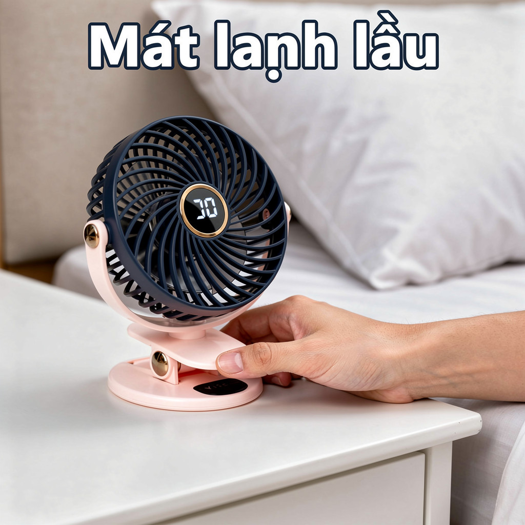 quạt tích điện mini xoay 720 độ không tiếng ồn đèn ngủ pin lâu 5 cấp gió phòng ngủ văn phòng