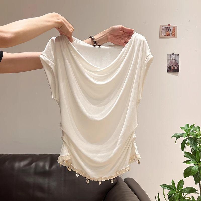 [Giảm giá trong thời gian có hạn] Áo thun ngắn tay hở xương đòn Pure Desire dành cho nữ Mùa hè 2026 Phong cách mới Thiết kế khâu ren dáng rộng hàng đầu