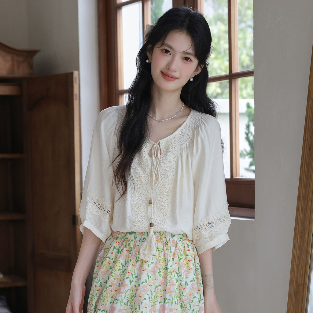 Mutu Áo Sơ Mi Retro Nghệ Thuật Ren Khâu, Phong Cách Mùa Hè, Thiết Kế Niche Top
