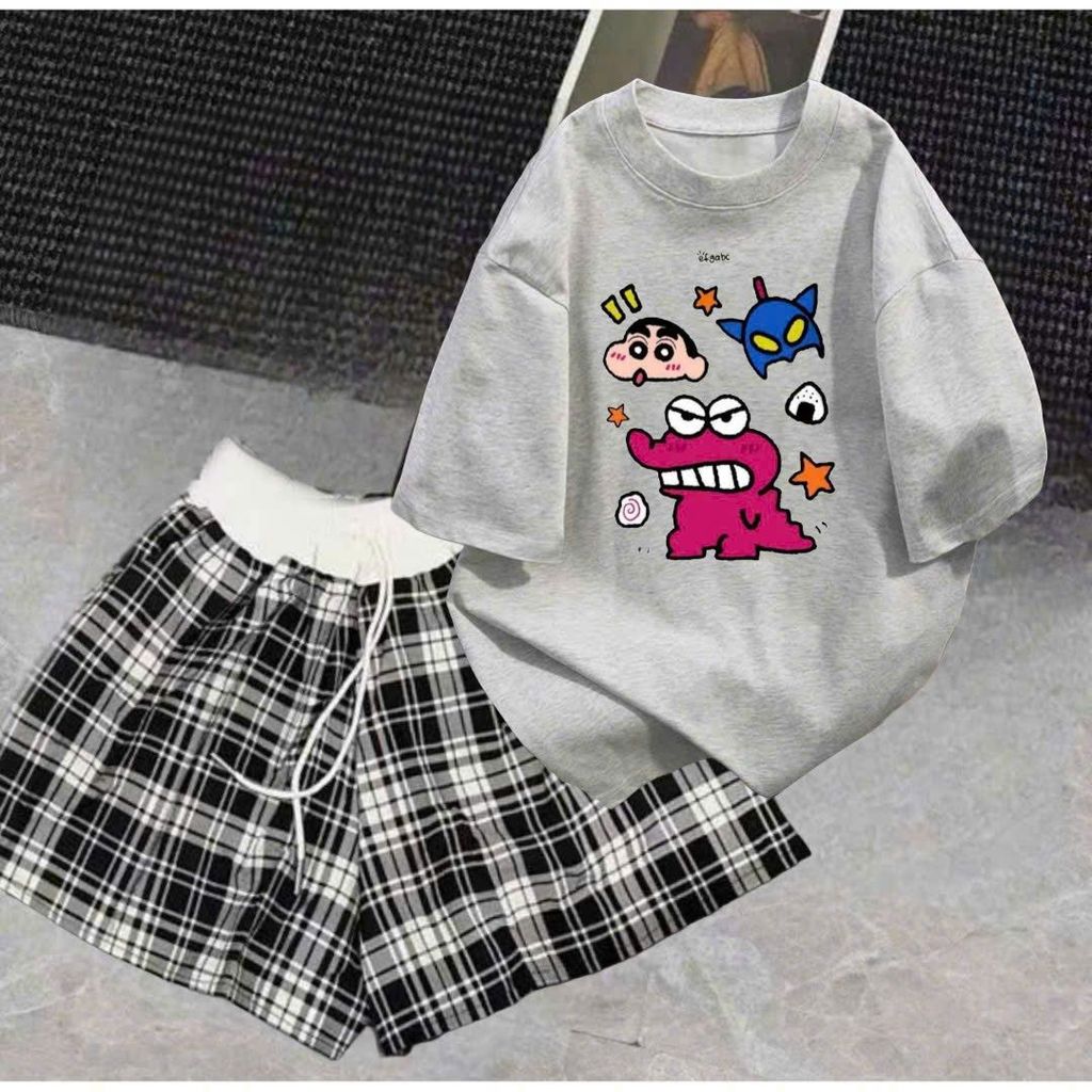 sét bộ quần đùi cộc Caro cạp trắng+mix áo phông form rộng in khủng long-SHOP THỜI TRANG THU BIO