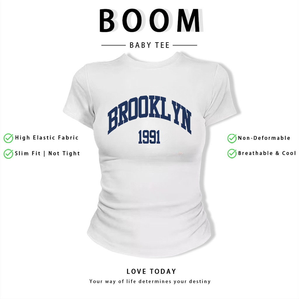 BOOM Áo Baby Tee Nữ Cotton Ôm Body-Áo Thun Ngắn Tay Y2K In Hình PhongCách Mùa Hè, Cổ Tròn Hàng Đầucách hàn quốc phongK11