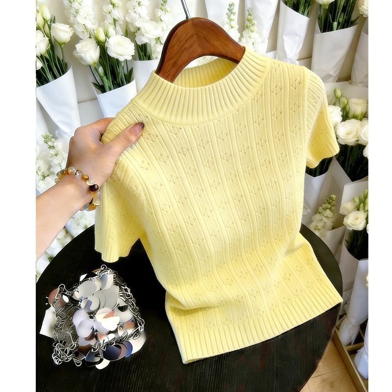 Áo Len Cổ Nửa Cao Phong Cách Ngọt Ngào Kiểu Pháp, Thiết Kế Jacquard Pit Strip Cho Đầu Mùa Hè