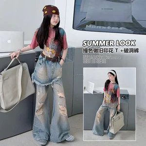 Bé Gái Retro Graffiti In Hình Mùa Hè Phong Cách Mới Trẻ Em Thời Trang Rời Top