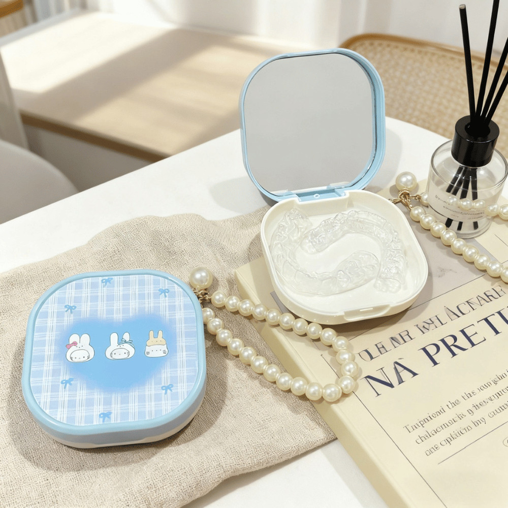 Khay Đựng Niềng Răng Kèm Dây Đeo Đính Hạt Hộp Đựng Hàm Duy Trì Có Gương Nắp Đậy Tiện Lợi