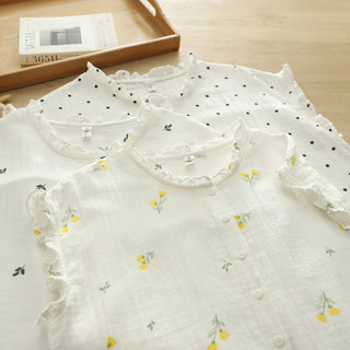 [Hàng có sẵn] Áo sơ mi nữ 100% Cotton chất lượng cao Mùa hè mới Xinhua chấm bi hoa màu vàng, không tay cổ đứng, áo sơ mi