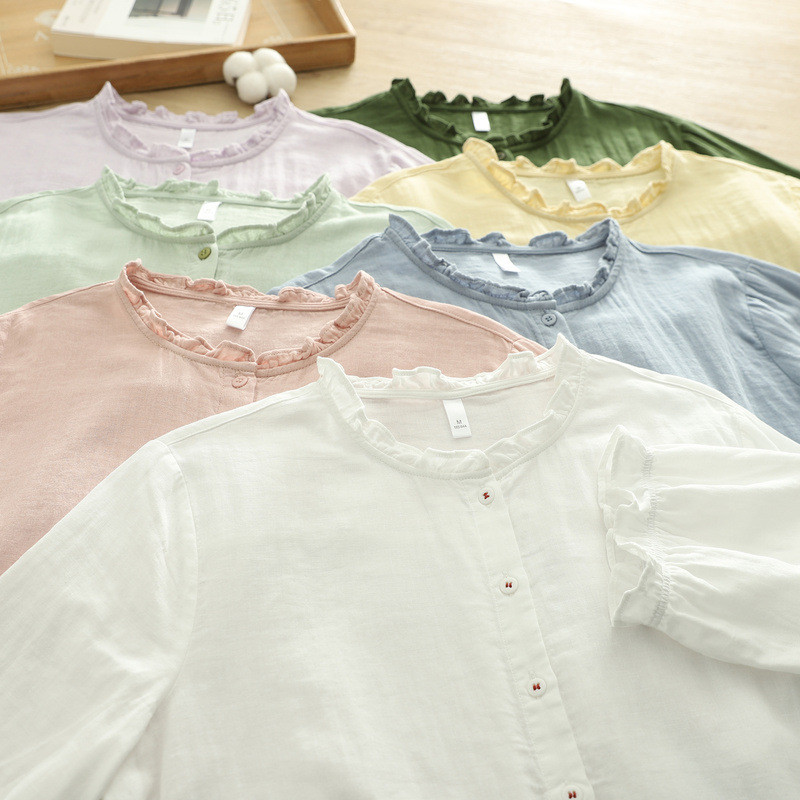 Áo sơ mi nữ cotton cao cấp cổ đứng ren tay ngắn màu trơn