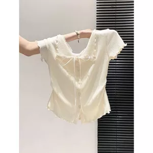 Mùa hè mỏng hơn dáng rộng hẹp phù hợp với phong cách mong muốn thuần khiết giả hai mảnh cổ tròn ren ngắn @ -