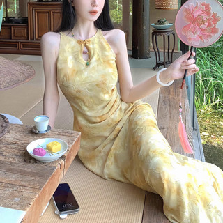 Đầm Qipao dáng dài vừa phải, phong cách Trung Hoa thiết kế khoét vai, thanh lịch dịu dàng cho Nữ