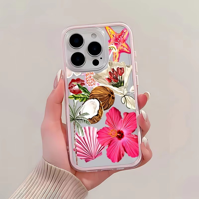Hoa Nhiệt Đới Dừa Sao Biển TPU Màu Hồng Trong Suốt Ốp Lưng Điện Thoại iPhone 17 16 15 Pro Max 14 13 12 11 Pro 15 Plus Bìa Mềm