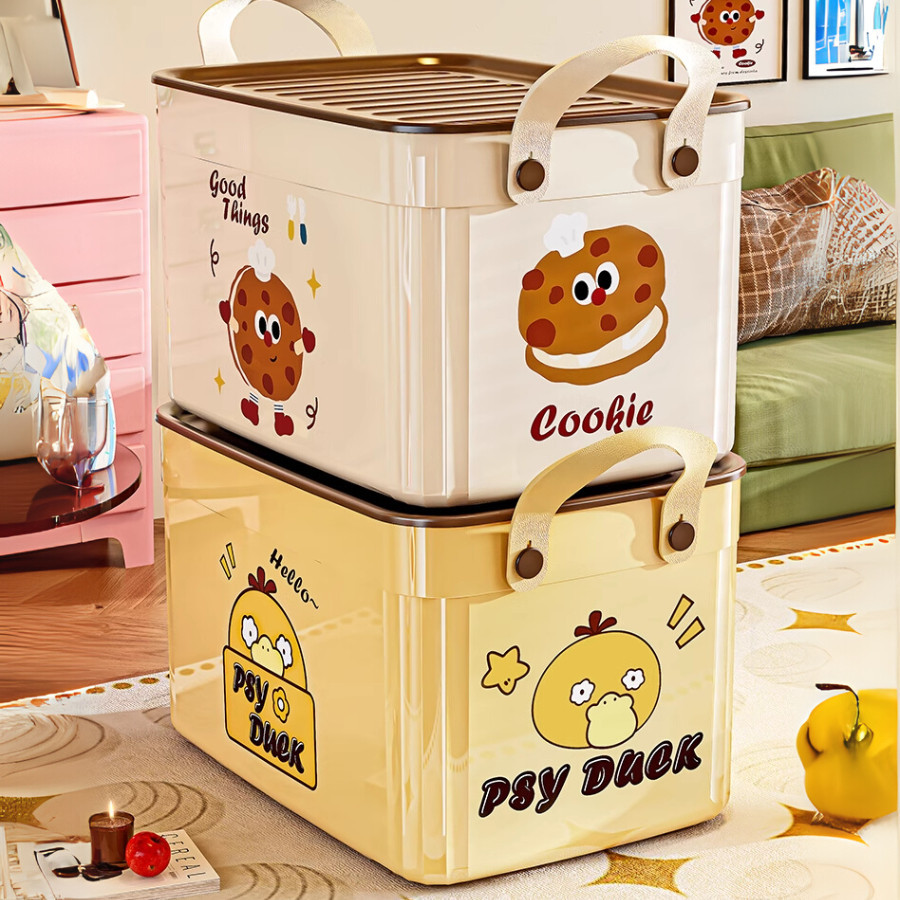Thùng Nhựa Đựng Đồ Đa Năng Có Nắp Hoạt Hình Cookie, Hộp Đựng Quần Áo Chăn Mền Đồ Chơi Có Quai Xách Tiện