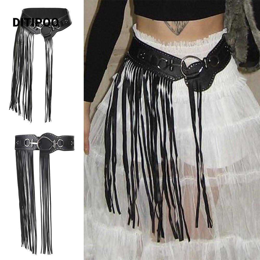 Ditipoo Punk Thắt Lưng, Thắt Lưng Quần Jean Hiphop Da PU Tua Rua Dài, Quần Jean Trang Trí Y2K Khóa Tròn Kim Loại Thắt Lưng Trang Trí Phụ Kiện