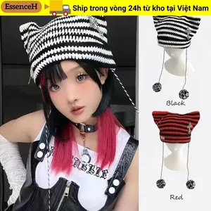Mũ Beanie ESSENCEH Y2K, Mũ Quỷ Ngôi Sao Sọc Dễ Thương Y2K, Móc Dễ Thương Mèo Quỷ Tai Mèo Thu Đông