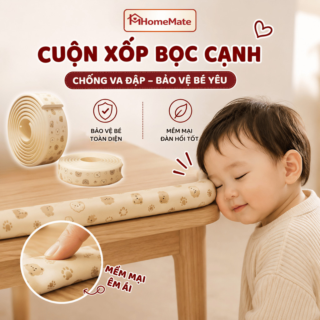 [CHÍNH HÃNG] Xốp Bọc Cạnh Bàn HomeMate Chống Va Đập Cho Bé – Đệm Mút Bịt Góc Bàn, Thành Giường An Toàn