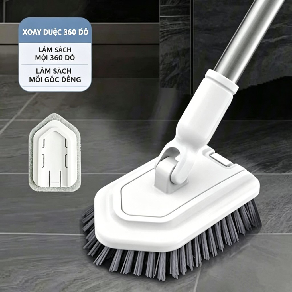 Chổi lau sàn nhà tắm đa năng 2 trong 1, đầu chổi xoay, lông chổi có độ mềm/cứng khác nhau.