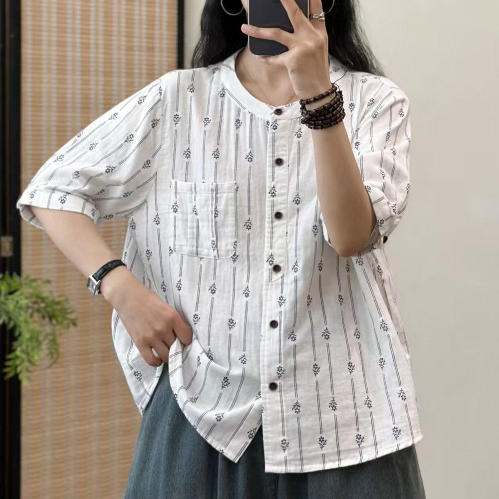 Áo sơ mi nữ cotton dáng rộng size lớn họa tiết hoa văn học cổ điển Cardigan tay ngắn