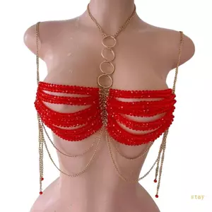 Phụ kiện trang sức cơ thể đính cườm màu đỏ cho nữ, phù hợp lễ hội âm nhạc