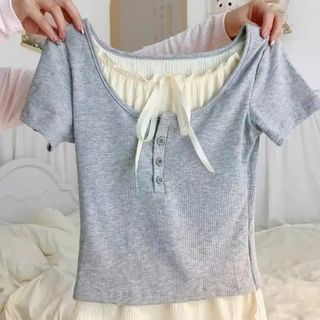 Áo thun tăm cộc tay phối bèo buộc dây cổ tròn . Mẫu mới