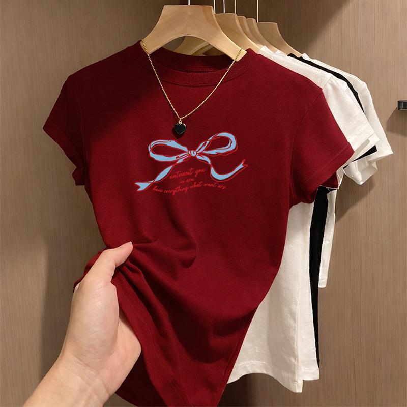 BOOM Áo Baby Tee Nữ Cotton Ôm Body-Áo Thun Ngắn Tay Y2K In Hình PhongCách Mùa Hè, Cổ Tròn Hàng Đầucách hàn quốc phongE32